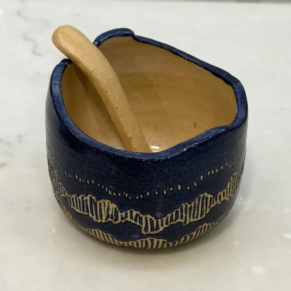 Sylvia Lawson NC Pottery Blue Sgrafitto Salt Cellar w Spoon Jar Pilot Mountain